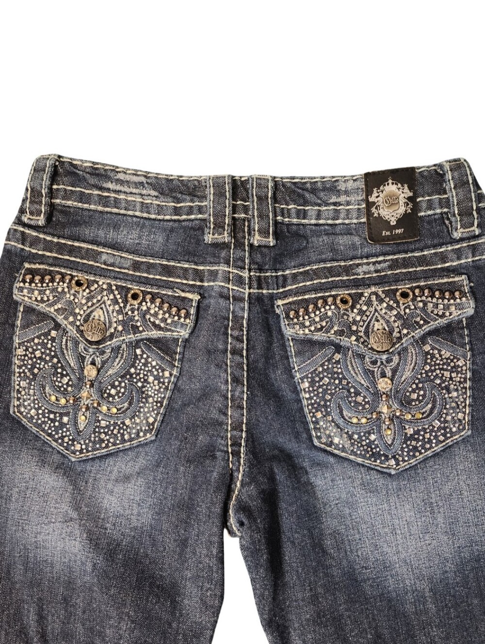 CELLO Size 5 Bling Pocket Bootcut Flare Jeans Contrast Stitch 28x31 Low Rise - Picture 4 of 8